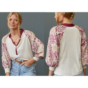 Anthropologie Tiny Embroidered Sleeve Blouse NWT Cream Burgundy Floral XS